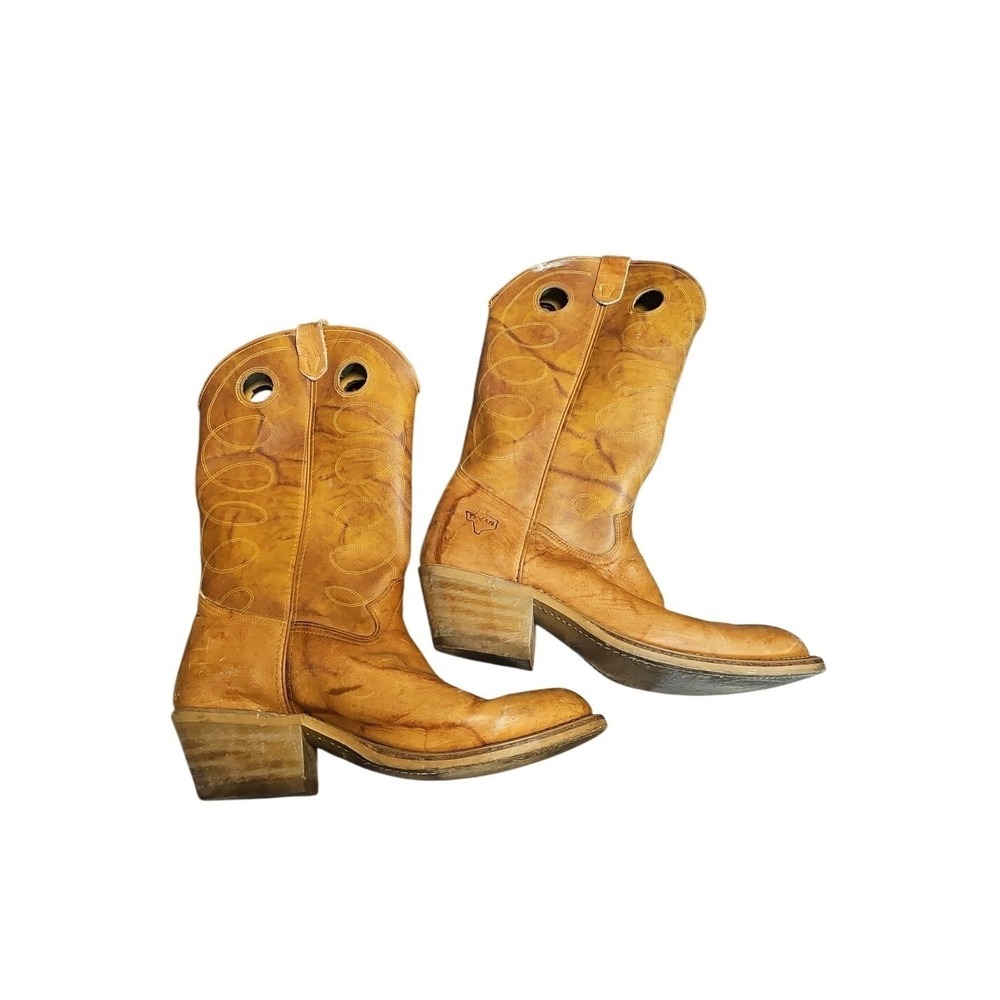 1970 TEXAS COWBOY BOOTS SIZE 11 EE LASSO EMBROIDERED CIRCULAR PULL CUTOUTS